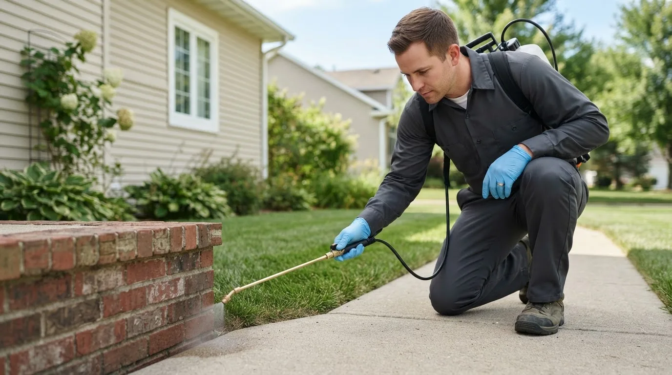 Pest control technician treating a home near Westmoreland, NH