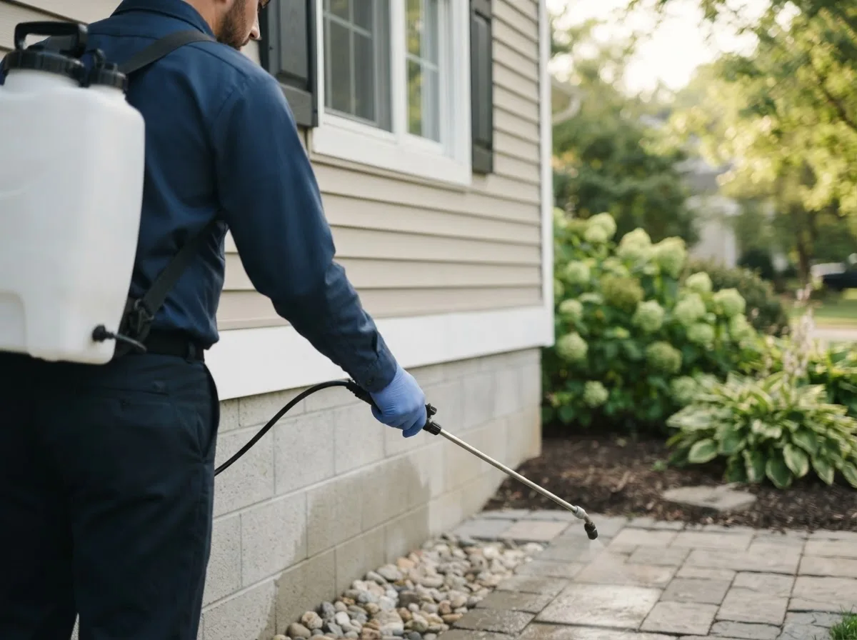 Pest control technician inspecting a home in Westmoreland, NH